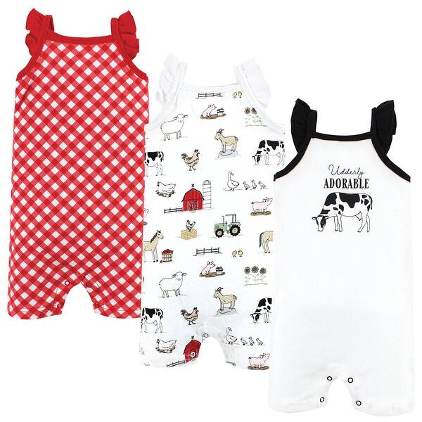 slide 1 of 1, Hudson Baby Infant Girl Cotton Rompers, Udderly Adorable 0 - 3 Months - White/Red