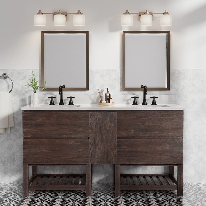 60-Inch Antique Style Solid Wood and MDF Double Sink Bathroom Vanity with Storage - Brown
