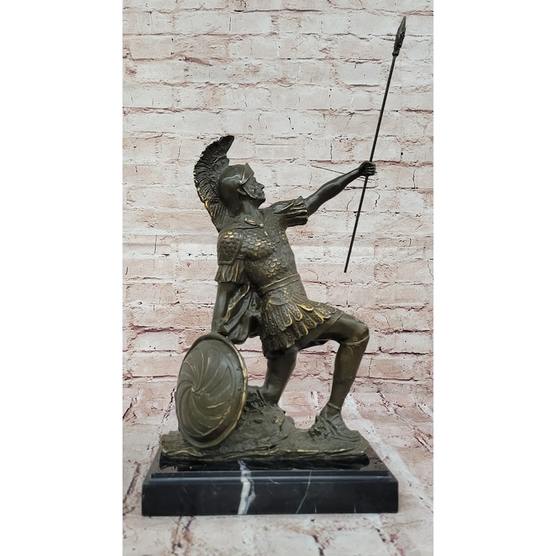 Kneeling Roman Legion Centurion Warrior Bronze Sculpture With Spear Shield