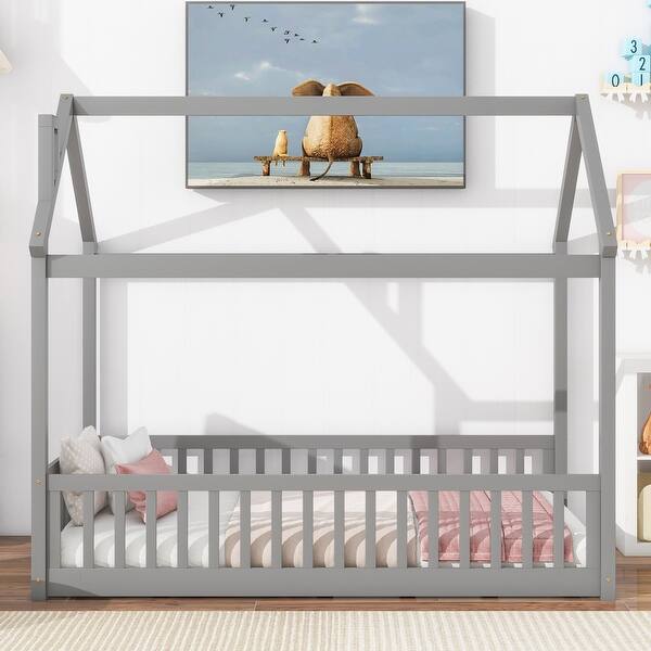 slide 2 of 27, Twin Floor Bed Frame with House-shaped Frame and Guardrails Gray - Twin