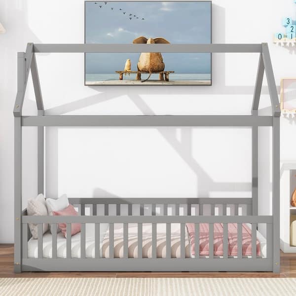 slide 2 of 27, Twin House Bed with Guardrails, Montessori Floor Bed Frame with Roof for Kids, Wooden House-shaped Kids Bed Frame for Boys Girls Grey - Twin