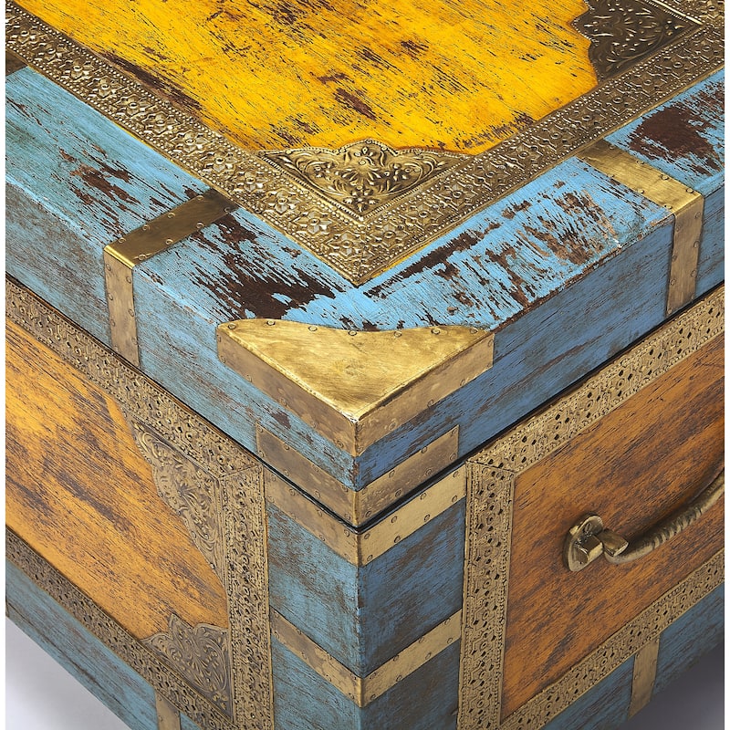 Nador Hand-Painted Brass Inlay Storage Trunk Coffee Table