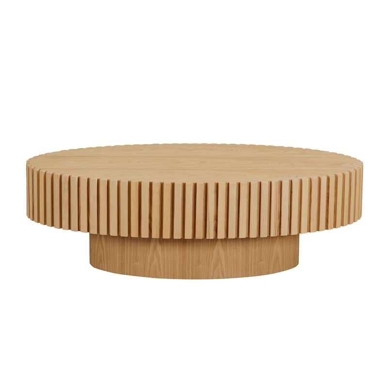 Oval Compact Low Coffee Table Handcraft Drum Small Center Table with Side Fluted Design and Wood Grain for Living Room Office