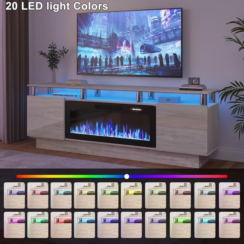 BOSSIN 70" Modern Electric Fireplace TV Stand, with Electronic Flame and LED Lights, High Gloss Finish Entertainment Center