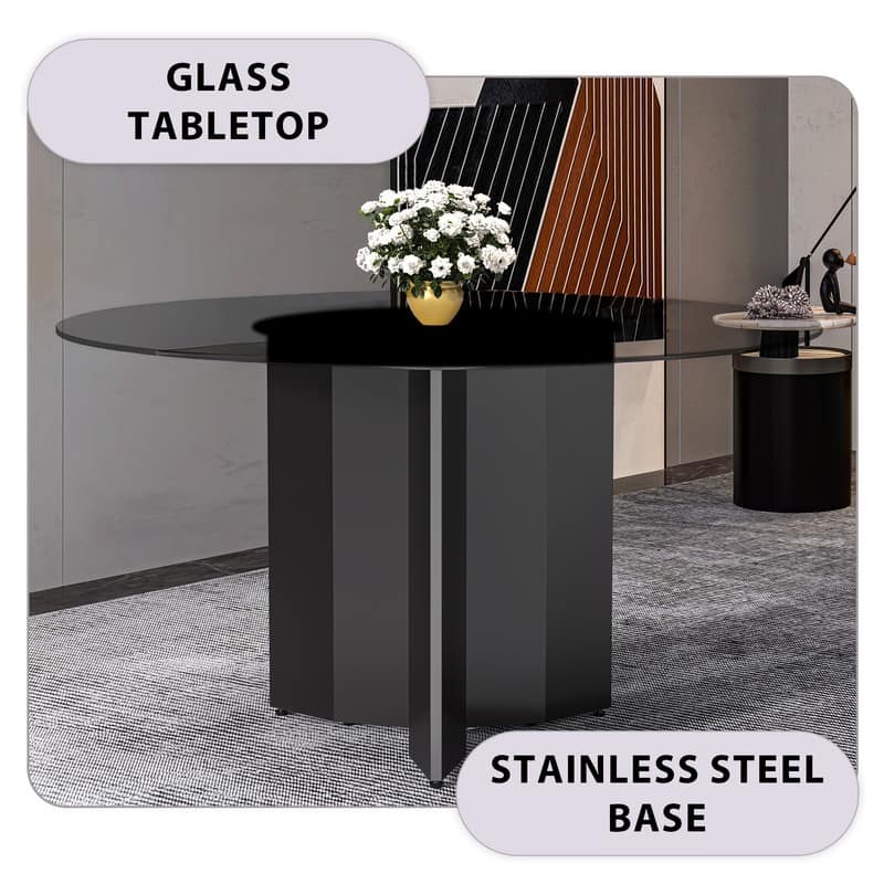 Zevro Mid-Century Modern Round Sintered Stone/Glass Dining Table with Steel Column Base for Dining Rooms and Kitchen