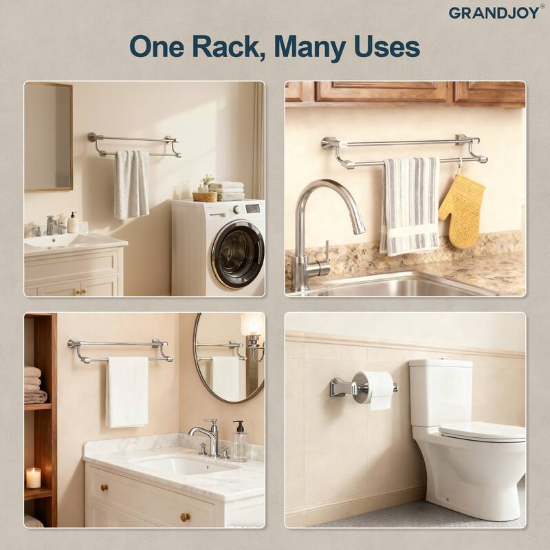 GRANDJOY 4-Piece Stainless Steel Bathroom Hardware Set with Wall Mount Double Towel Bar