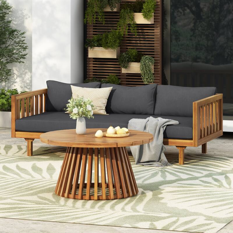 Roomfitters Acacia Wood Patio Set, 3-Seater Daybed with Water-Resistant Cushions & Round Coffee Table