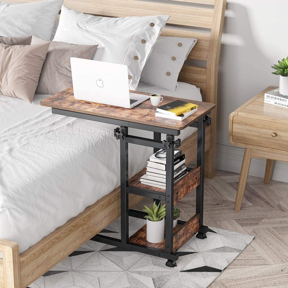 HOMERECOMMEND Sofa Side Table with Wheels Couch Table End Table Removable Snack Table C Style Table Nightstand for Home/Room/Office Wood Look Accent with Metal Frame Furniture 
