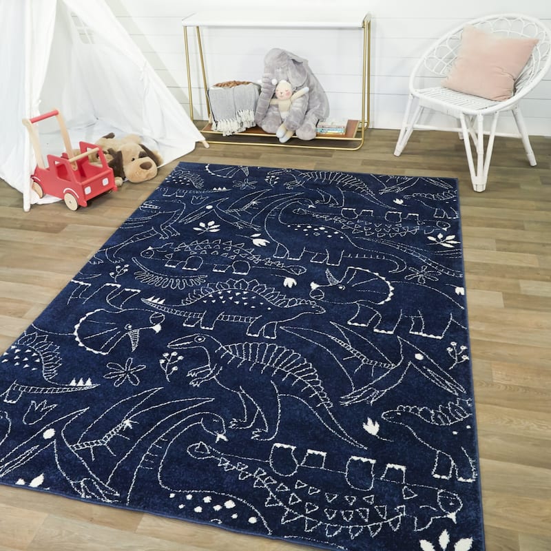 Mod-Tod Parker Dinosaur Kids Area Rug - 6'7" x 9' - Navy