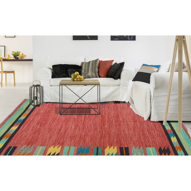 Modern Flatweave Mishael Red/Turquoise Rug - 6'6" x 9'11"
