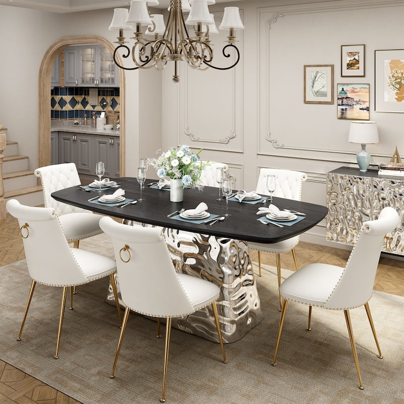 7-Piece Clihome Modern Stainless Steel Table Velvet Chair Dining Set