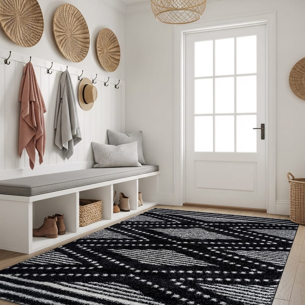 World Rug Gallery Geometric Shag Area Rug – Anthracite Dark Gray / White