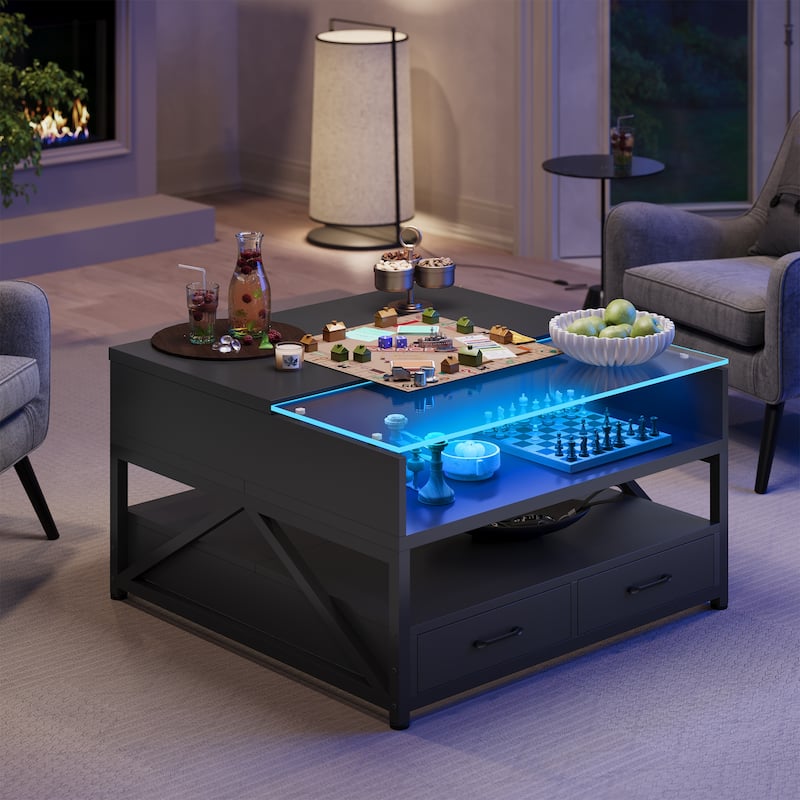 Coffee Table Lift Top 2 Drawers Hidden Compartment for Living Room