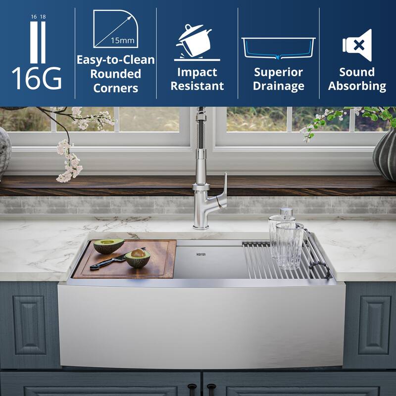 Karran Elite WSA-42-PK1 Apron Front Farmhouse 30" Single Bowl Stainless Steel Workstation Sink