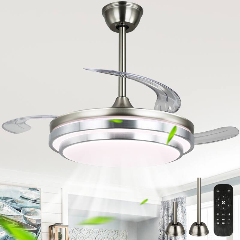 Cusp Barn 42 Inch Retractable Ceiling Fan with Lights, Modern Silent DC Motor 6 Speeds Chandelier Ceiling Fan for Bedroom