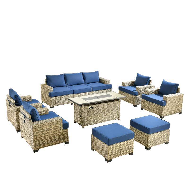 HOOOWOOO 10-piece Outdoor Wicker Wide Arm Patio Furniture Set with Fire Pit