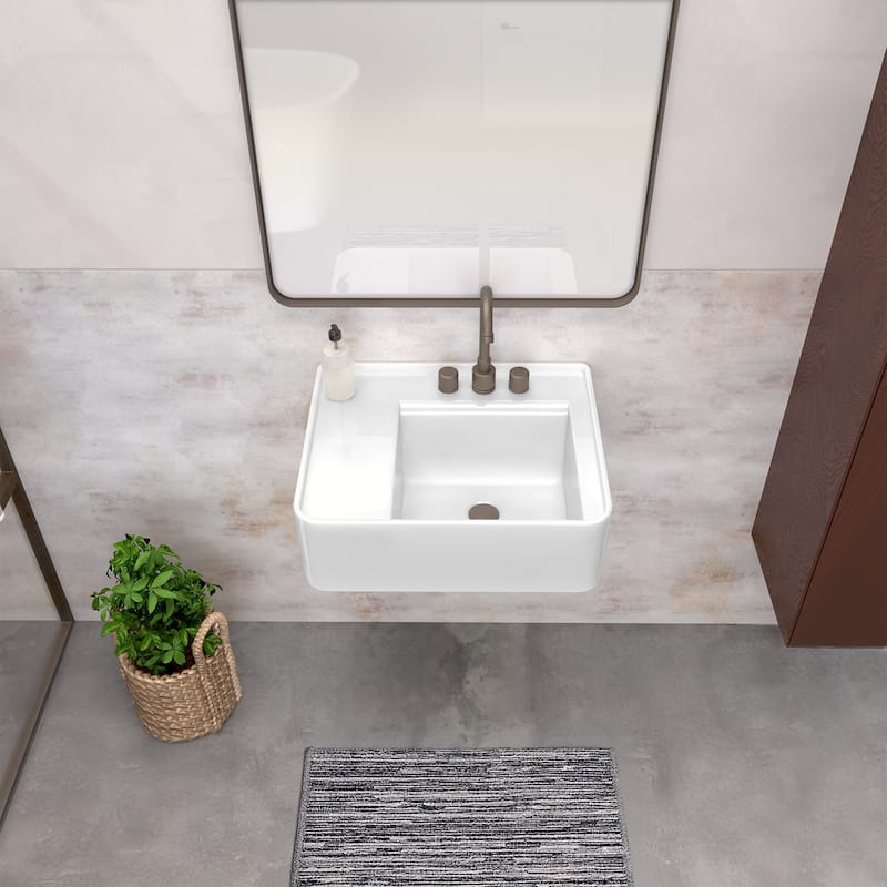 Rectangular Wall Mount Basin with Faucet Drilling Options and Rear Center Drain Location
