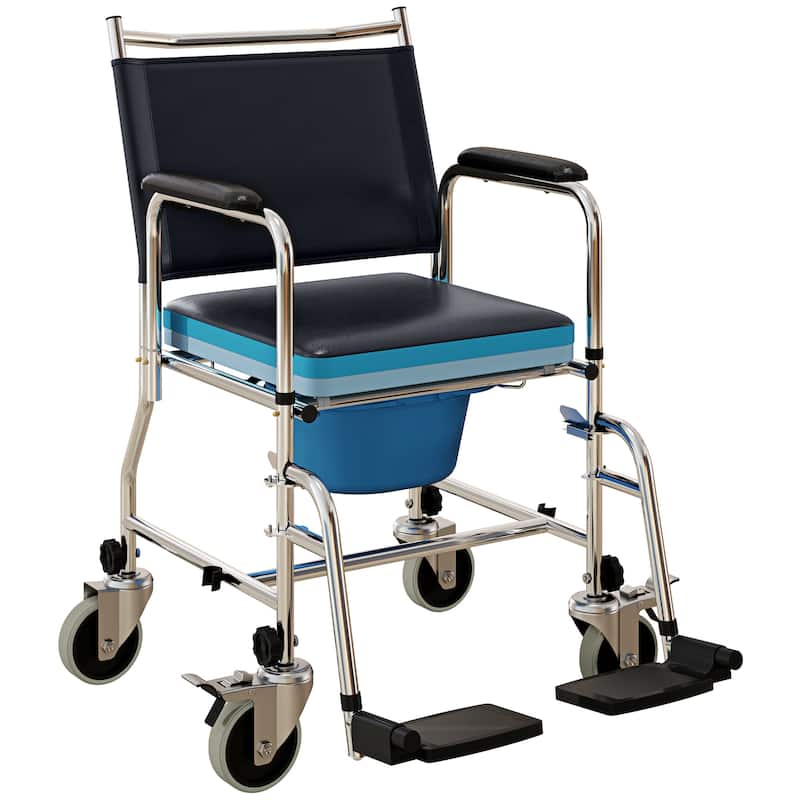 HOMCOM Rolling Shower Chair with Wheels, Bedside Commode Wheelchair with Padded Seat, Backrest, for Handicap