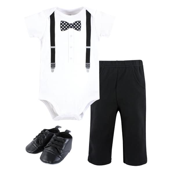 slide 1 of 1, Hudson Baby Infant Boy Cotton Bodysuit, Pant and Shoe Set, Black Gingham Bow Tie 12-18 Months - Black Gingham Bow Tie