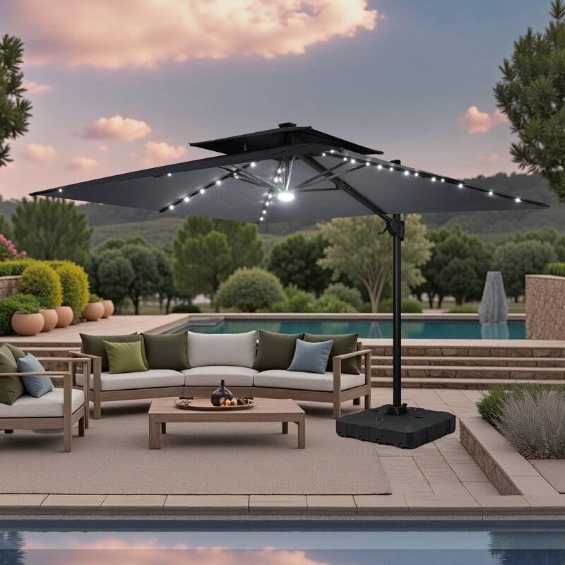 9 x 11 FT Outdoor LED Lighted Double Top Patio Cantilever Umbrella with Base - Dark Grey