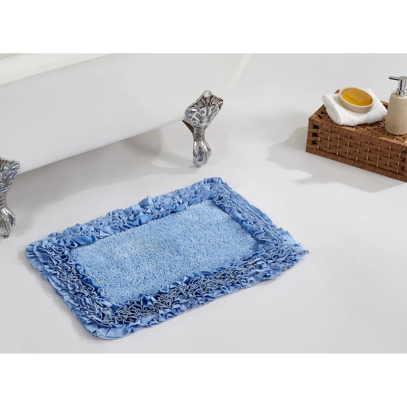 Better Trends Shaggy Border Collection Bathroom Rug -100% Cotton Tufted, Non-Skid Spray Latex Backing, Machine Washable Bath Mat - 17" x 24" Rectangle - Blue