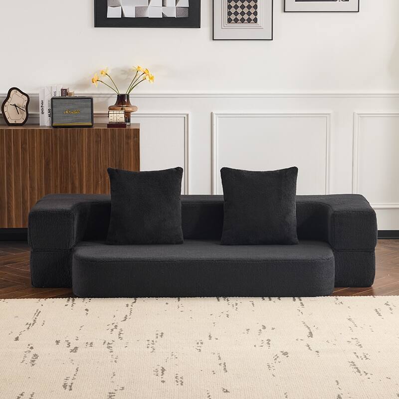 Sectional Sofa With 3 Ottoman Stools - Supportive Foam Fold-Out Bed, Compact Chenille Lounger