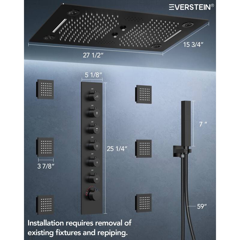 Shower Faucet System 28"*16" Ceiling Mount Shower Head with 4 Spray Mode Body Jets Handheld Spray LUXURY LED