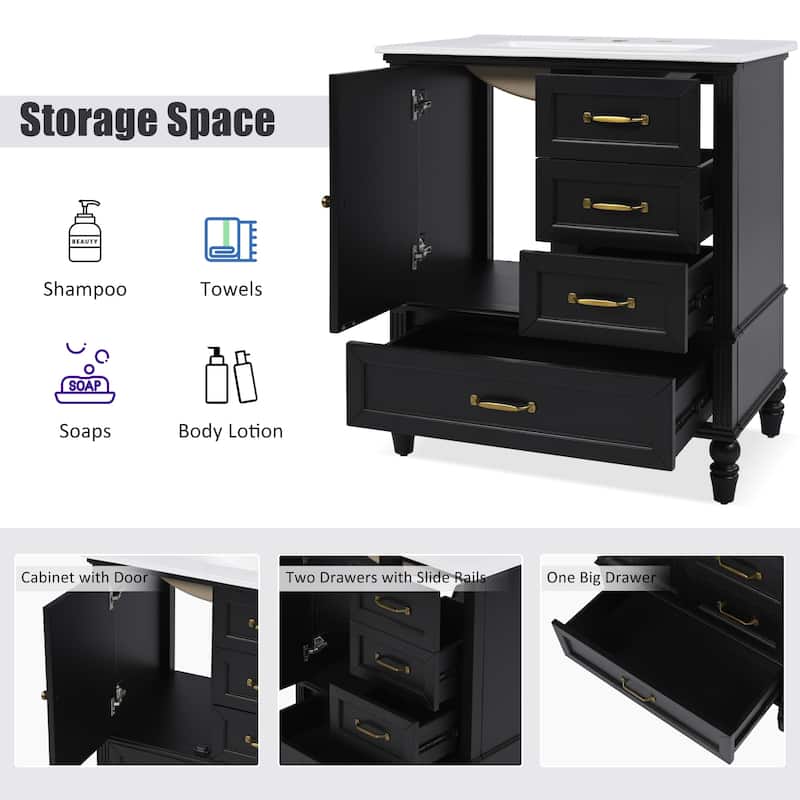 30" Bathroom Vanity with Sink, Freestanding Cabinet with 1 Door and 3 Drawers, Solid Wood Legs, MDF Structure, Soft-Close