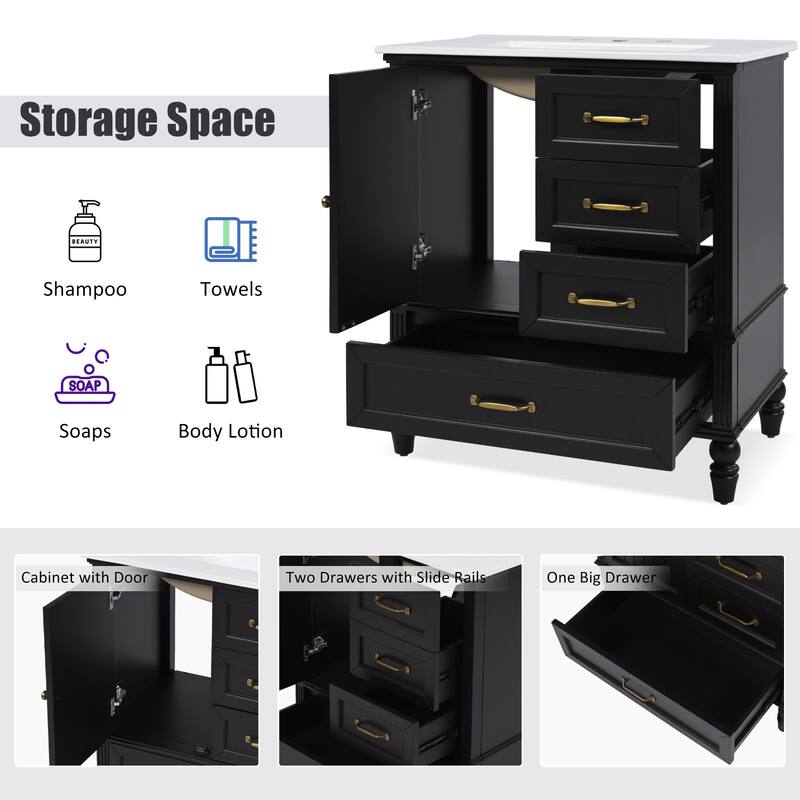 Modern Bathroom Vanity with Semilune Ceramic Sink, Storage Cabinet, and Adjustable Foot Pads - 30in L