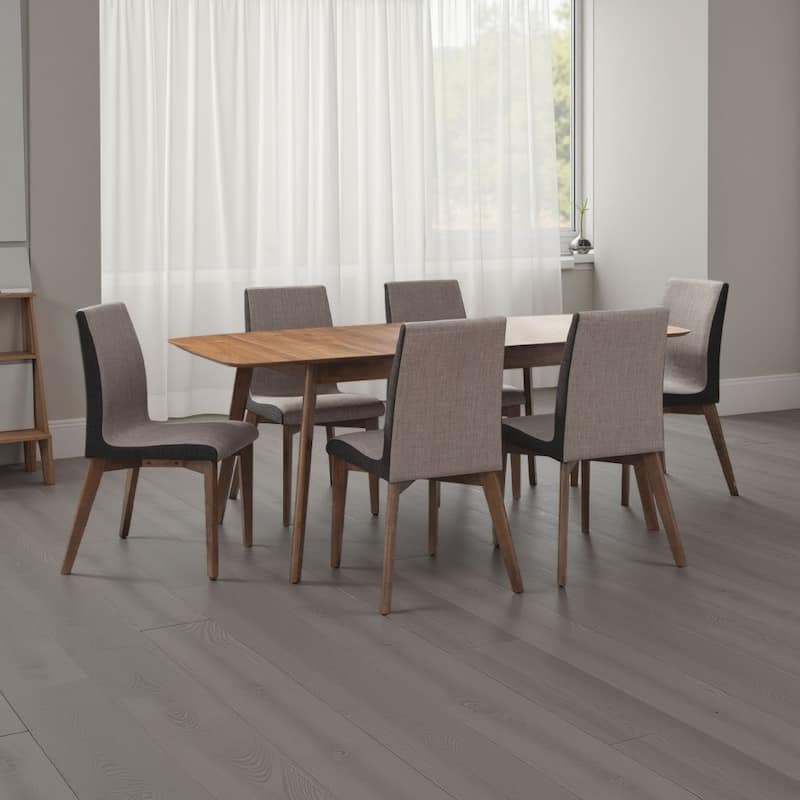 Bera 7pc Dining Set w Chairs, 59-75 Inch Extendable, Walnut Brown, Gray