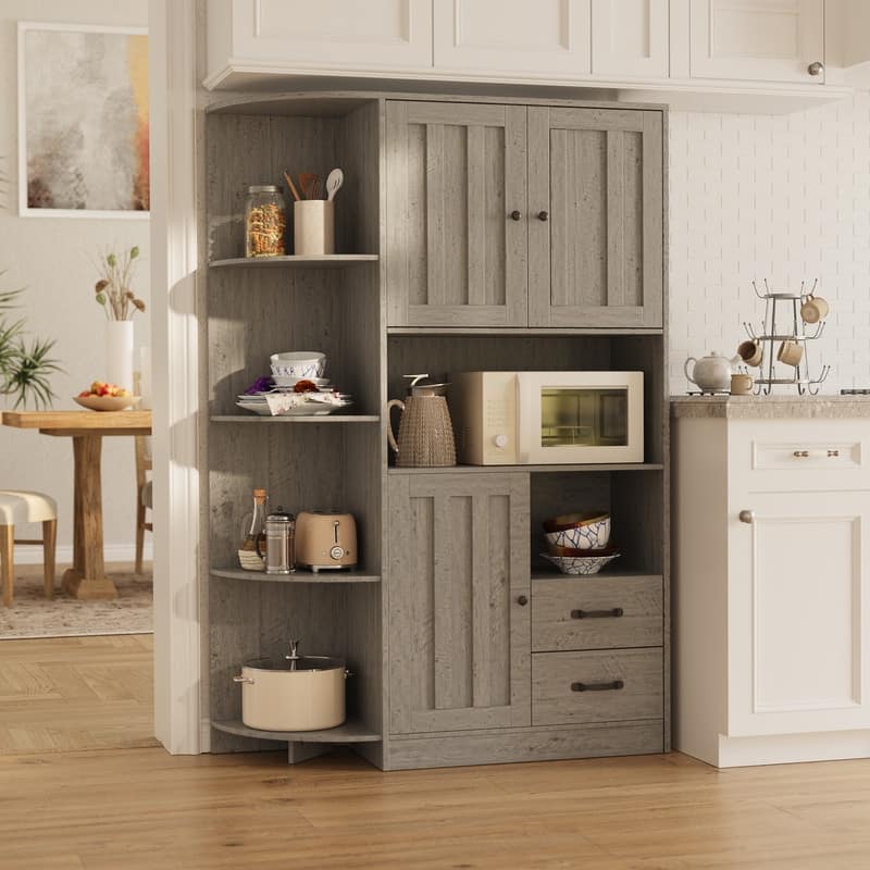 Farmhouse Kitchen Storage Cabinet with Doors and Open Shelves, Buffet Sideboard with Microwave Shelves and Drawers
