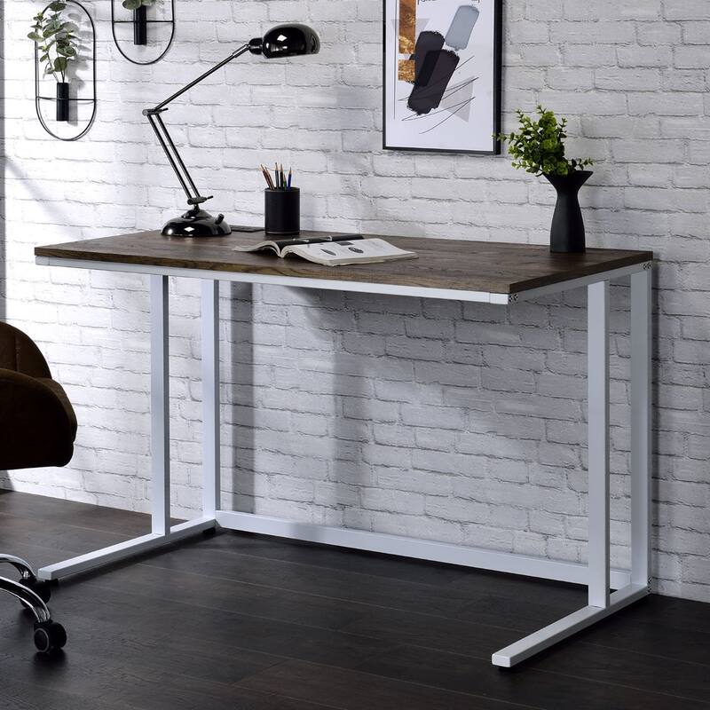 Rectangular Writing Desk with USB Port and Plug, Walnut and White - Brown