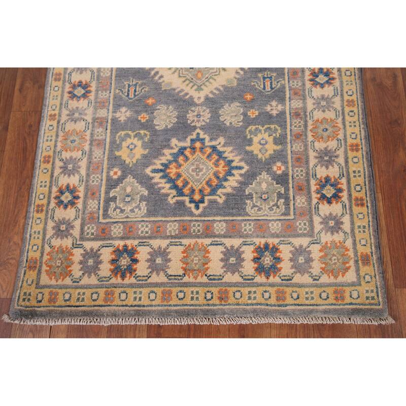 Gray Geometric Kazak Accent Rug Handmade Oriental Wool Carpet - 2'7" x 4'1"