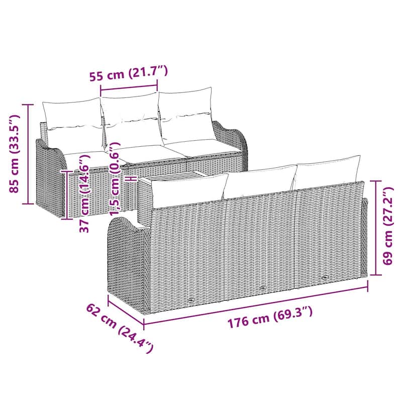 vidaXL 7 Garden Sofa Set with Cushions Black Poly Rattan - 69.3 x 24.4 x 27.2