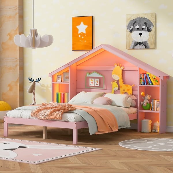 slide 2 of 10, Full Size Pink Wood House Shaped Platform Bed Frame with Storage Headboard and Built-in LED Lights for Girls Pink - Full