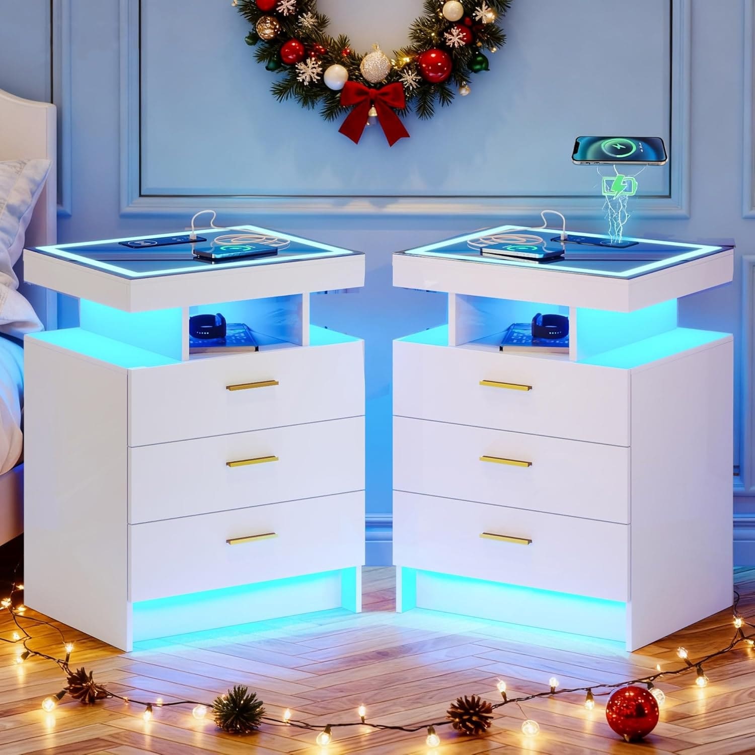 Modern LED Nightstand with Wireless Charging, Auto Sensor Light, 3 Drawers & Open Compartments
