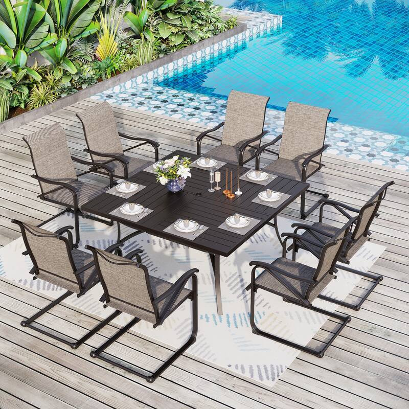 MAISON ARTS 9 Pieces Patio Dining Set, 60 Inch Square Metal Table and Sling Dining Rocking Chairs - C Spring-no padded