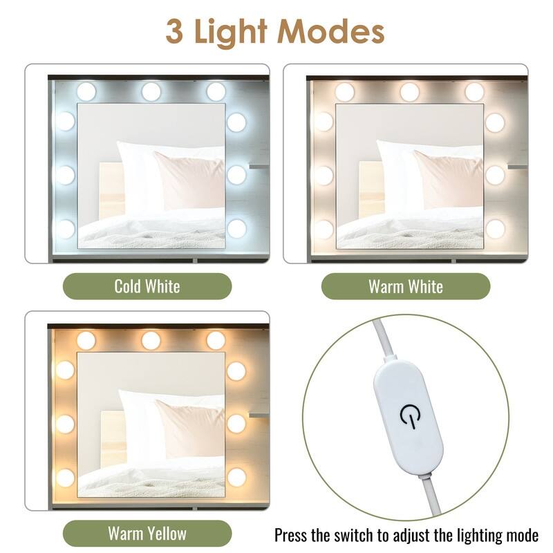 Farmhouse Makeup Vanity Desk with Lights, Stool & Storage - 3 Lighting Modes, White