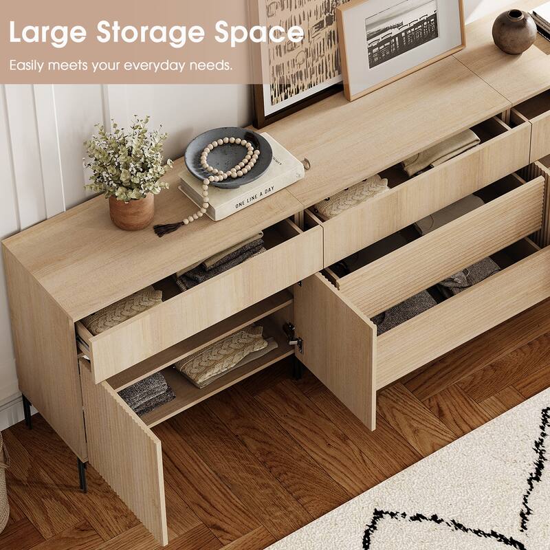 94.5" Modern Reeded Minimalist Sideboard With Drawers And Doors, 3-In-1 Wooden Credenza