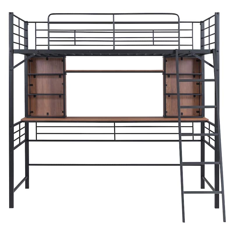 Twin Size Loft Bed with Desk and Shelf , Loft Bed with Ladder,Twin,Black