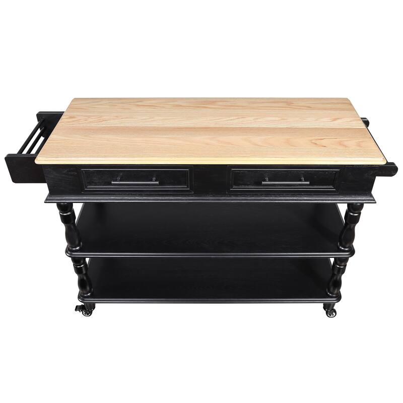 Open 2-sided Kitchen Island on Wheels with OAK Wood Top, Portable Rolling Kitchen Cart with Towel Rack and Spice Rack, Black