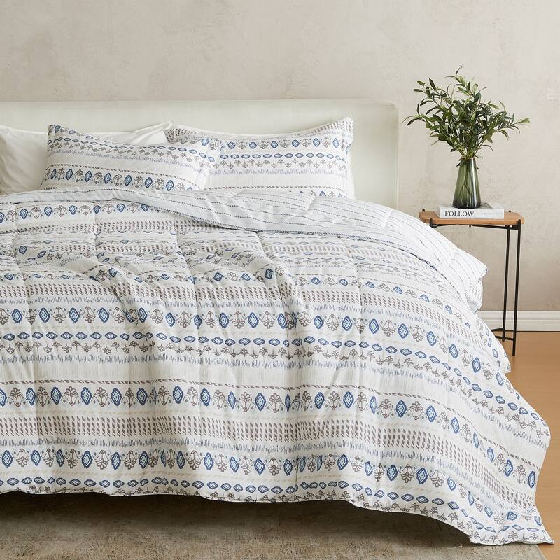 Linery & Co. All Season Down Alternative Reversible Comforter Set - Arista Print / Arista Stripe Print - Queen