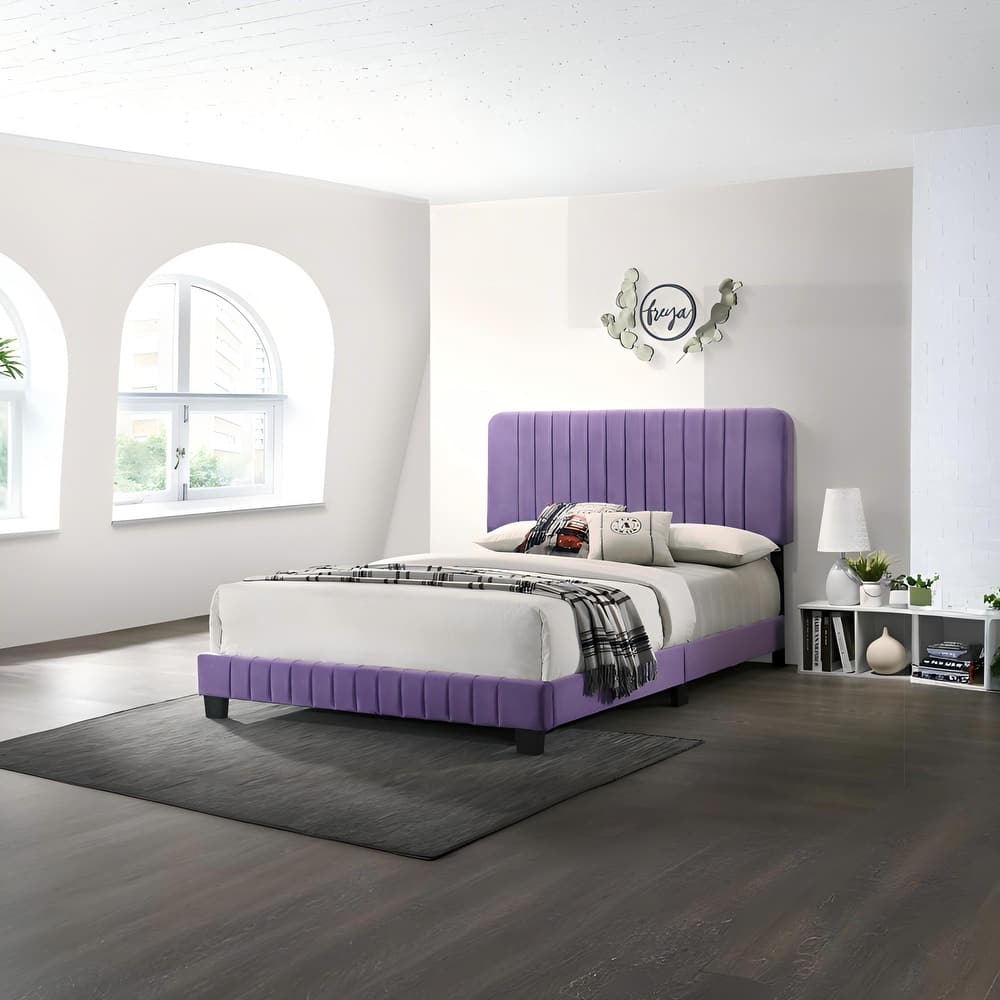 Full Size Velvet Channel-Tufted Platform Bed with Contemporary Design and Wooden Slat Support