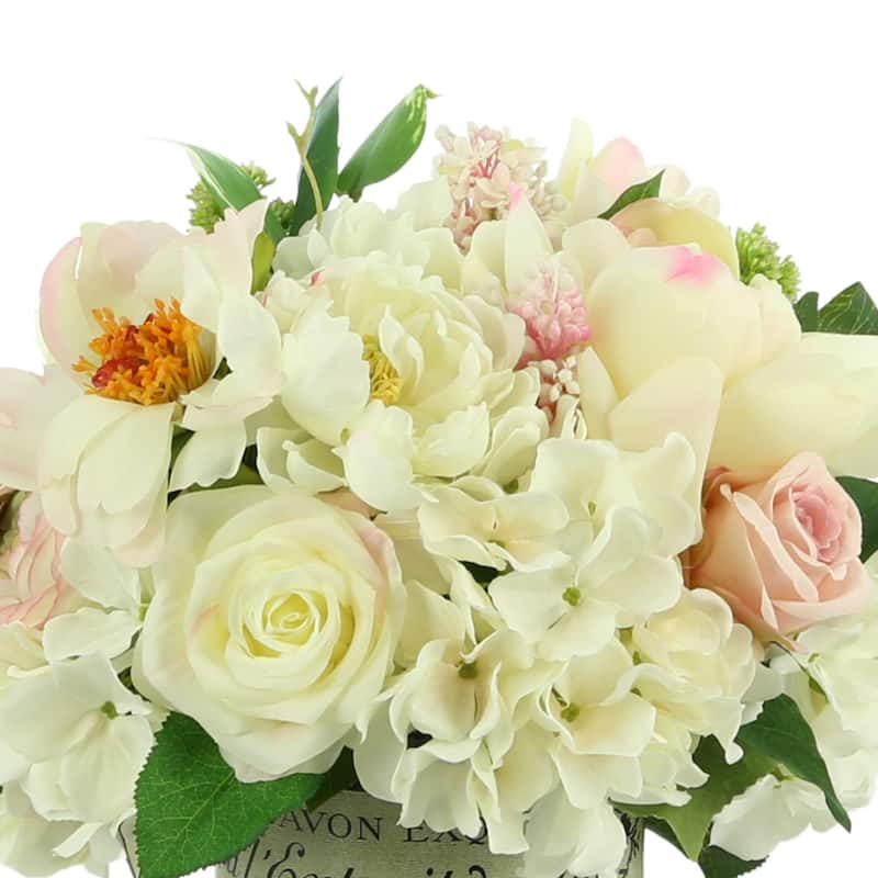 Rose and Hydrangea Arrangement in Label Vase - Pink, Cream, Green