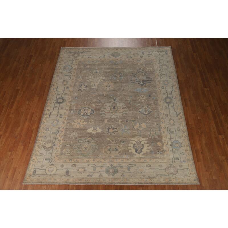 Brown Floral Oushak Turkish Area Rug Hand-Knotted Wool Carpet - 8'1"x 9'10"