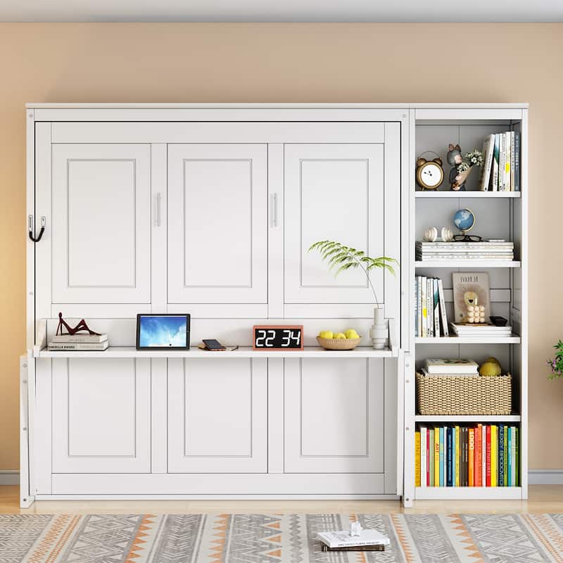 Murphy Bed with Bookshelf, Foldable Platform Bed with Desk, Storage Bed - White - Queen