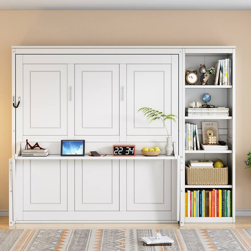 Queen Size Murphy Bed with Desk and Bookshelf, Gray - White
