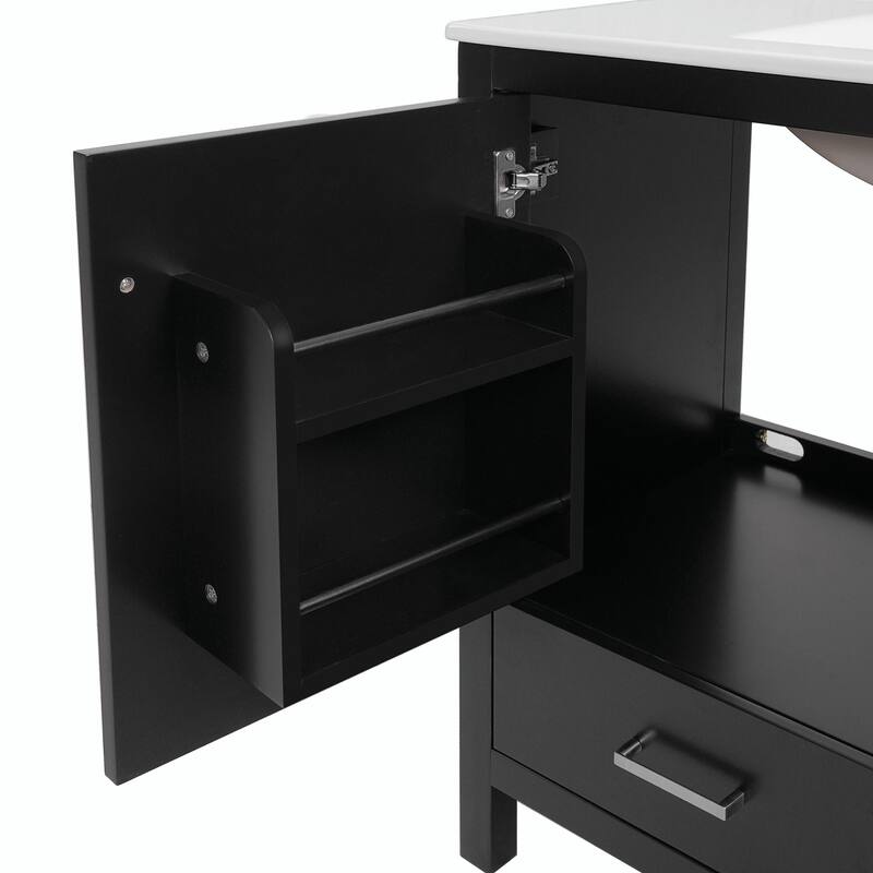 36"/30" Bathroom Vanity with Ceramic Sink, Soft-Close Doors, Double Storage Shelves & Divided Drawer