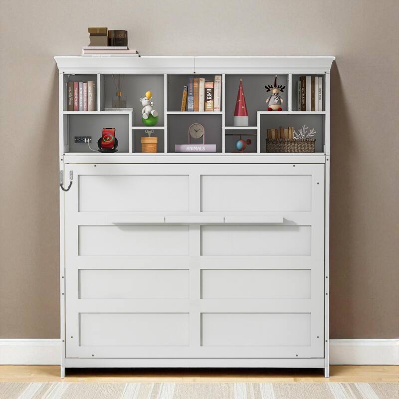 Queen Size Murphy Wall Bed with Storage Shelves and USB Ports, Foldable Cabinet Design - White - Queen