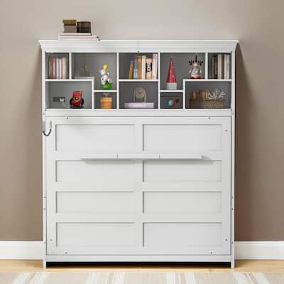 Queen Size Murphy Wall Bed with Storage Shelves and USB Ports, Foldable Cabinet Design